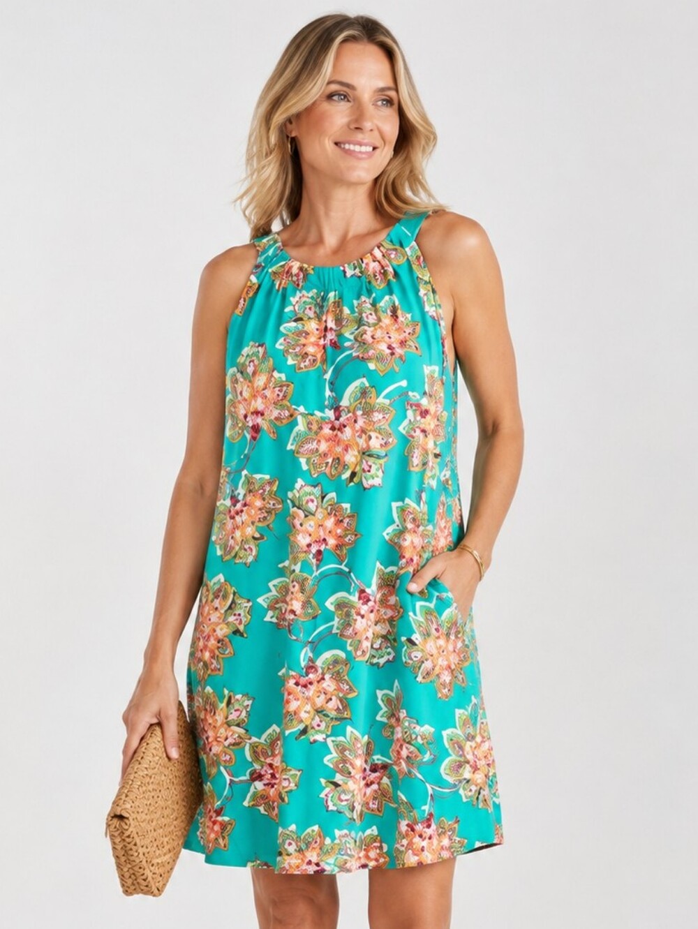 Aryeh Turquiose Tropical Halter Dress